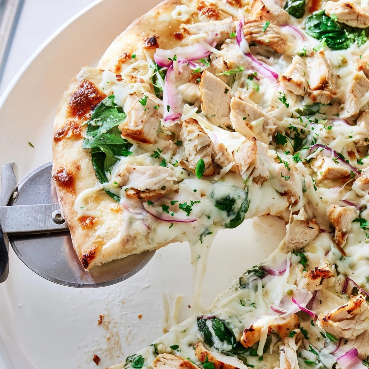 Golden, bubbling Chicken Alfredo Pizza, fresh from oven, garnished with vibrant, green parsley.