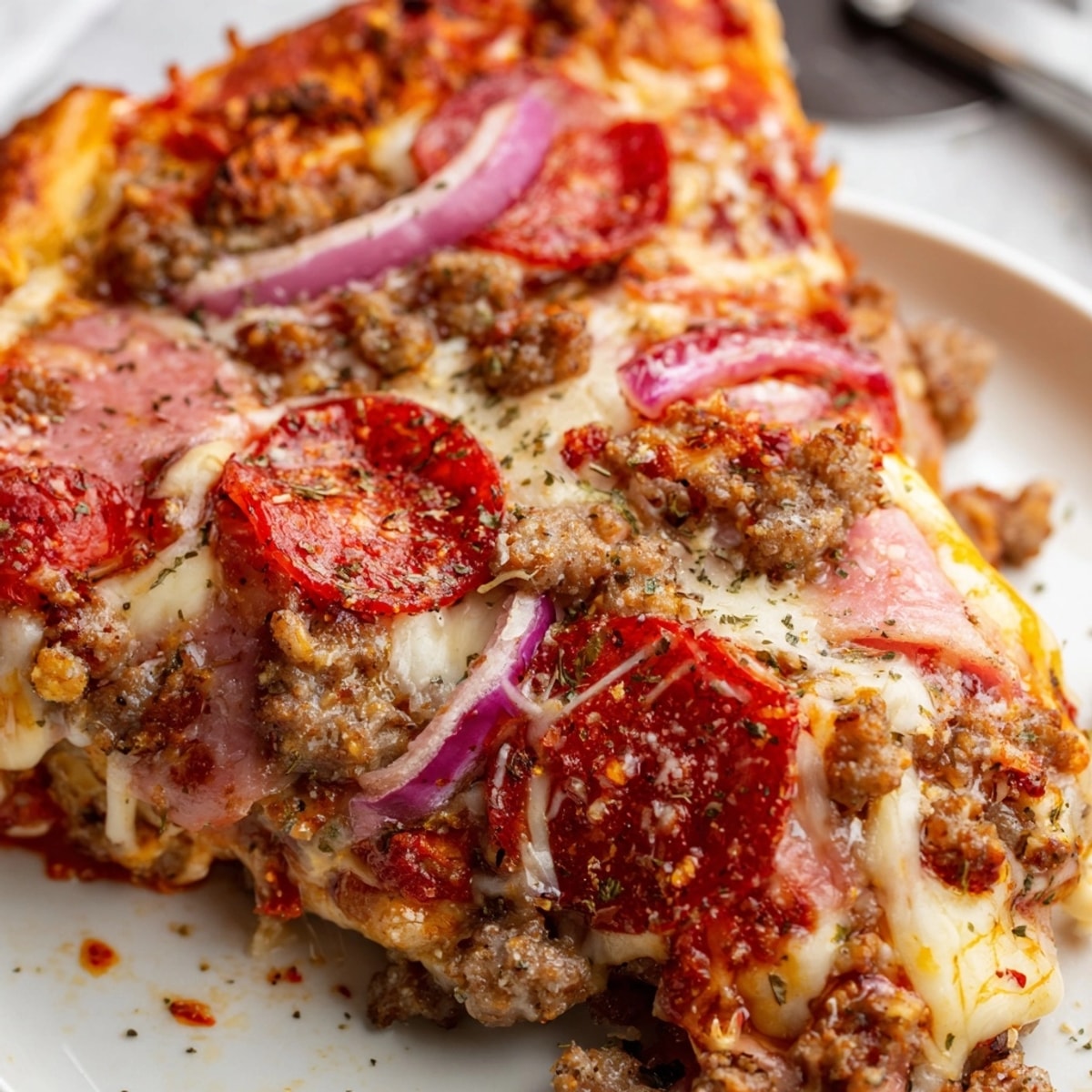 Golden, bubbling Meat Lovers Pizza fresh from the oven, boasting savory, meaty toppings.