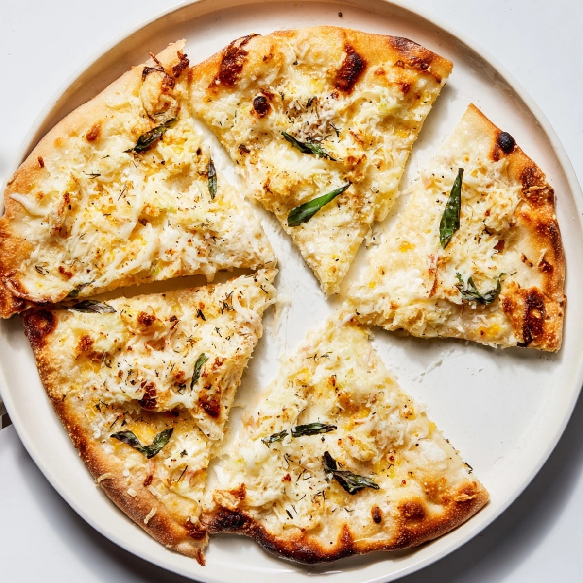 Golden crust of delicious White Pizza with creamy ricotta, mozzarella, and fresh basil.