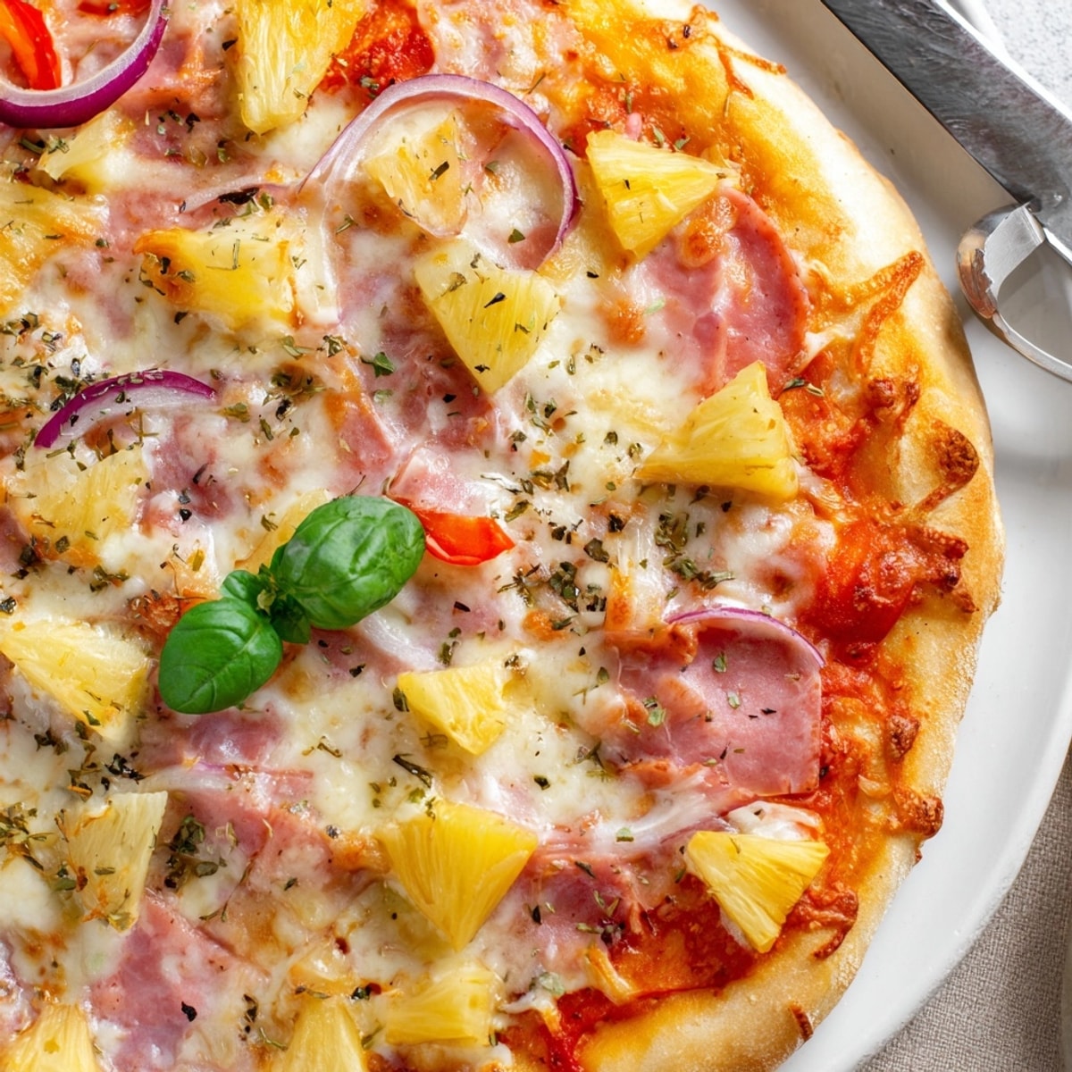 Golden Hawaiian Pizza sizzling hot from oven with juicy pineapple chunks.