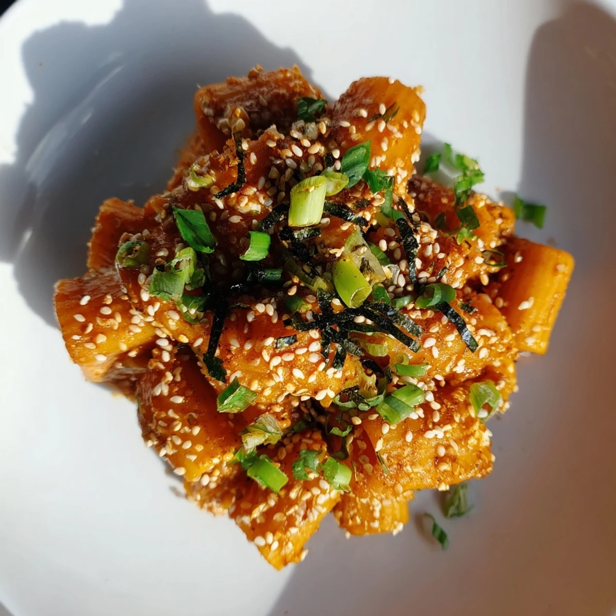 Crispy Japanese Chili Miso Pasta Bites drizzled with spicy glaze and green onions.