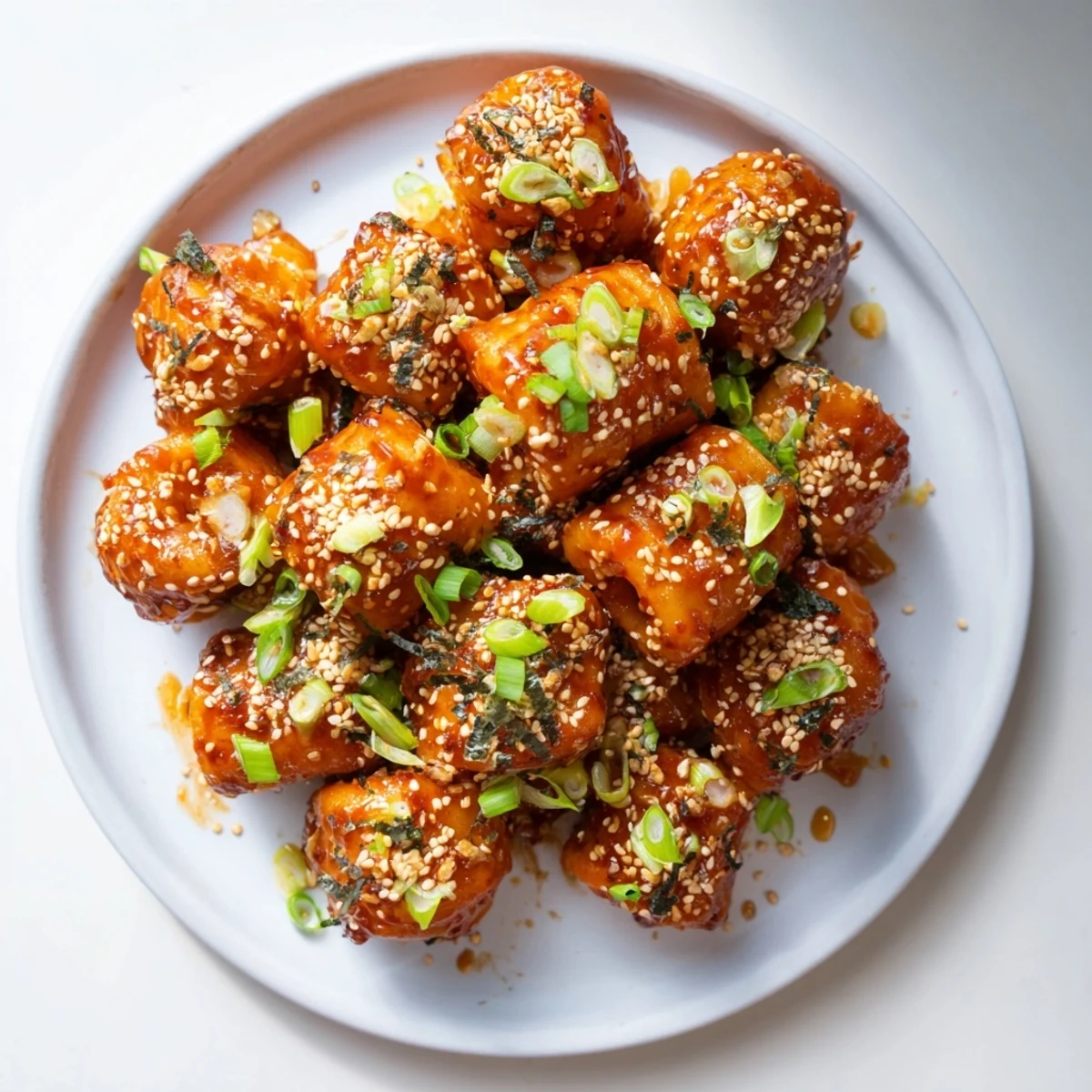 Golden brown baked pasta bites in a savory miso-chili glaze, garnished with sesame seeds.
