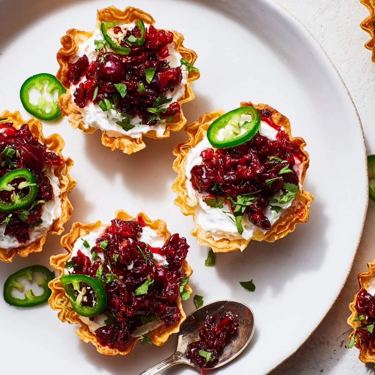 Cranberry Jalapeño Dip Tarts served in golden shells, a colorful festive appetizer.