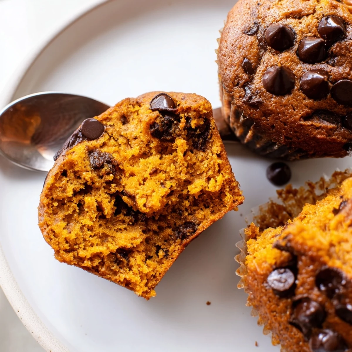 Moist vegan pumpkin chocolate chip muffins topped with melty chocolate, perfect for fall.