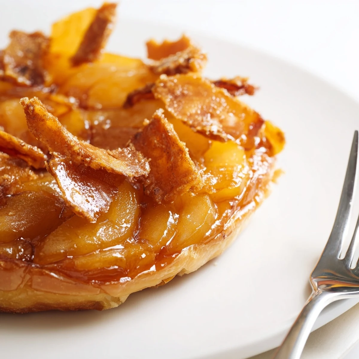 Decadent Caramel Apple Tarte Tatin drizzled with warm caramel and crunchy candy topping.