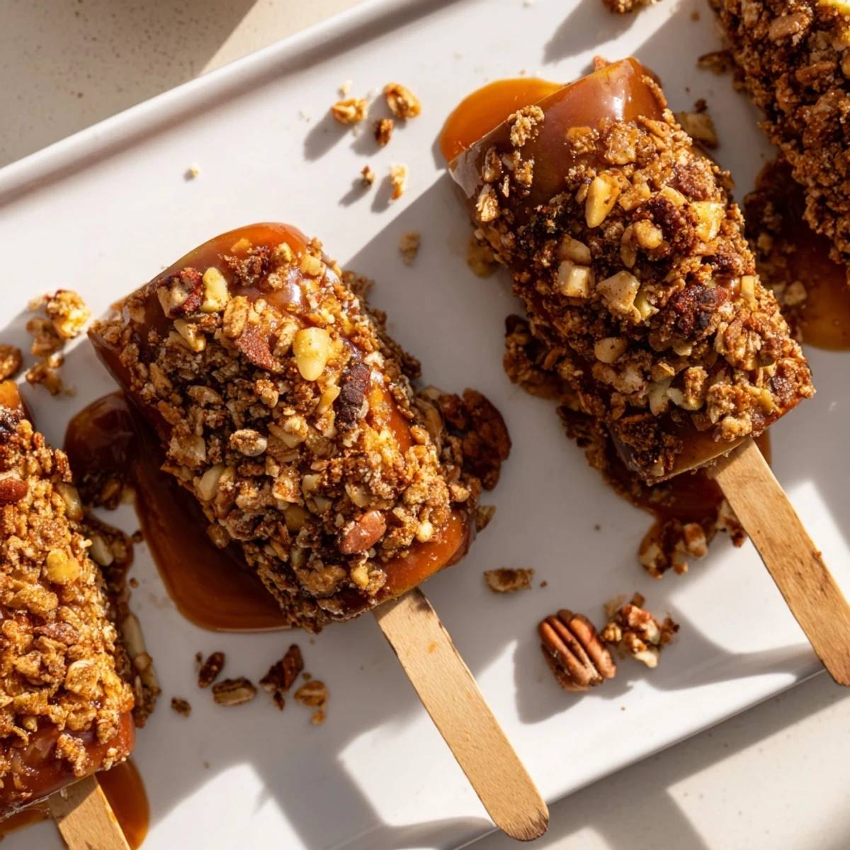 Caramel Apple Granola Pops drizzled with melted chocolate, a delightful sweet treat.  
