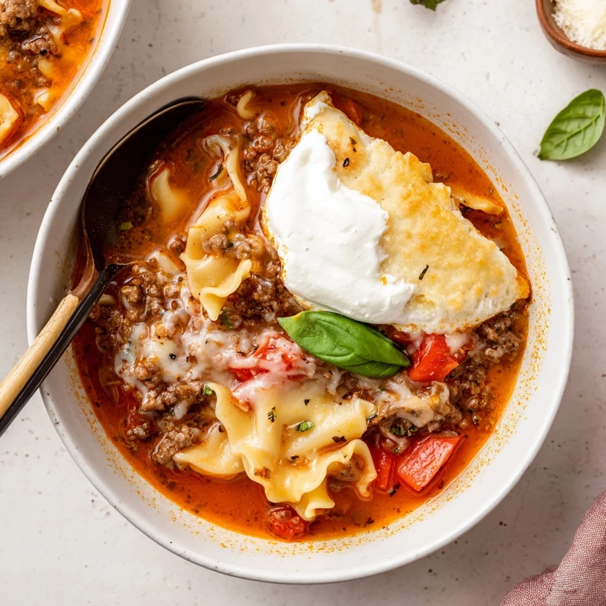 Warm and hearty lasagne soup topped with cheesy biscuit melts for comfort.  