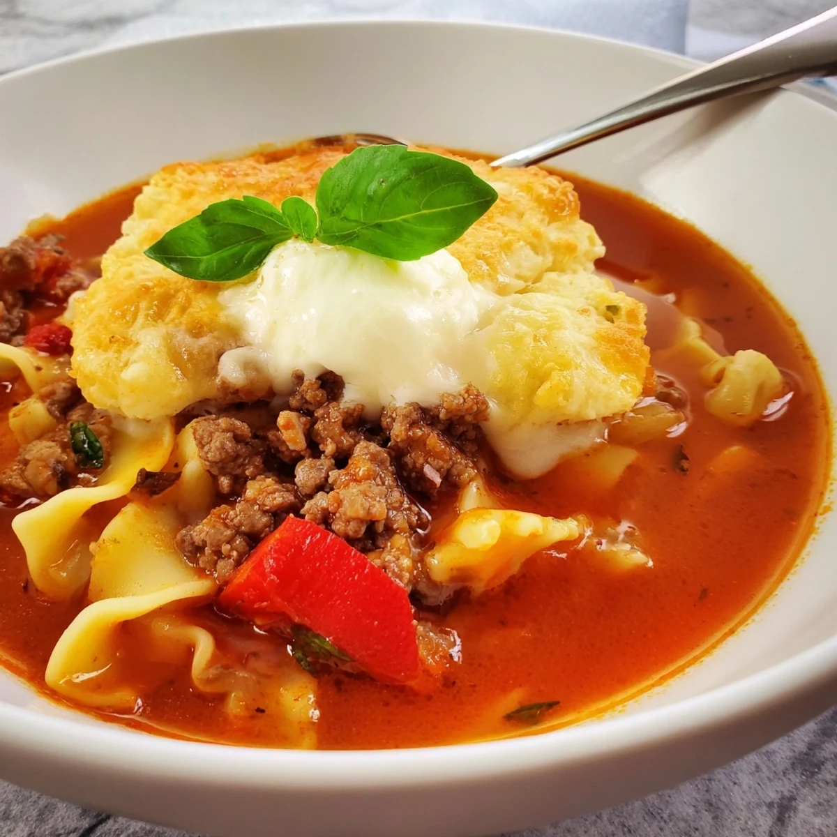 A delicious bowl of lasagne soup, served with golden, cheesy biscuit melts.  