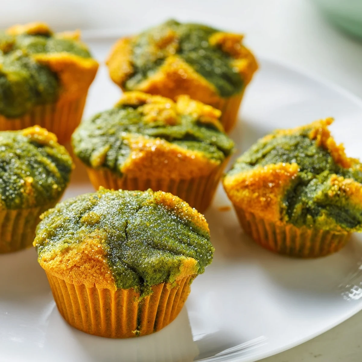 Delicious matcha pumpkin muffin butter bites topped with powdered sugar create a vibrant dessert.  