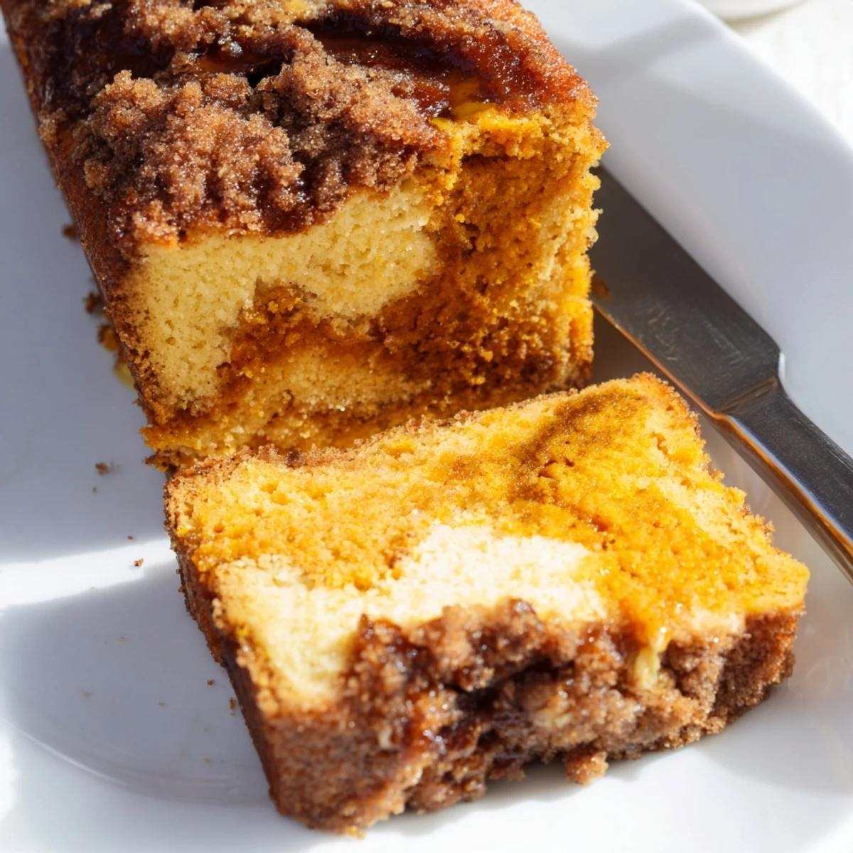 Moist Cinnamon Sugar Pumpkin Pancake Loaf beautifully topped with a crunchy cinnamon glaze.  