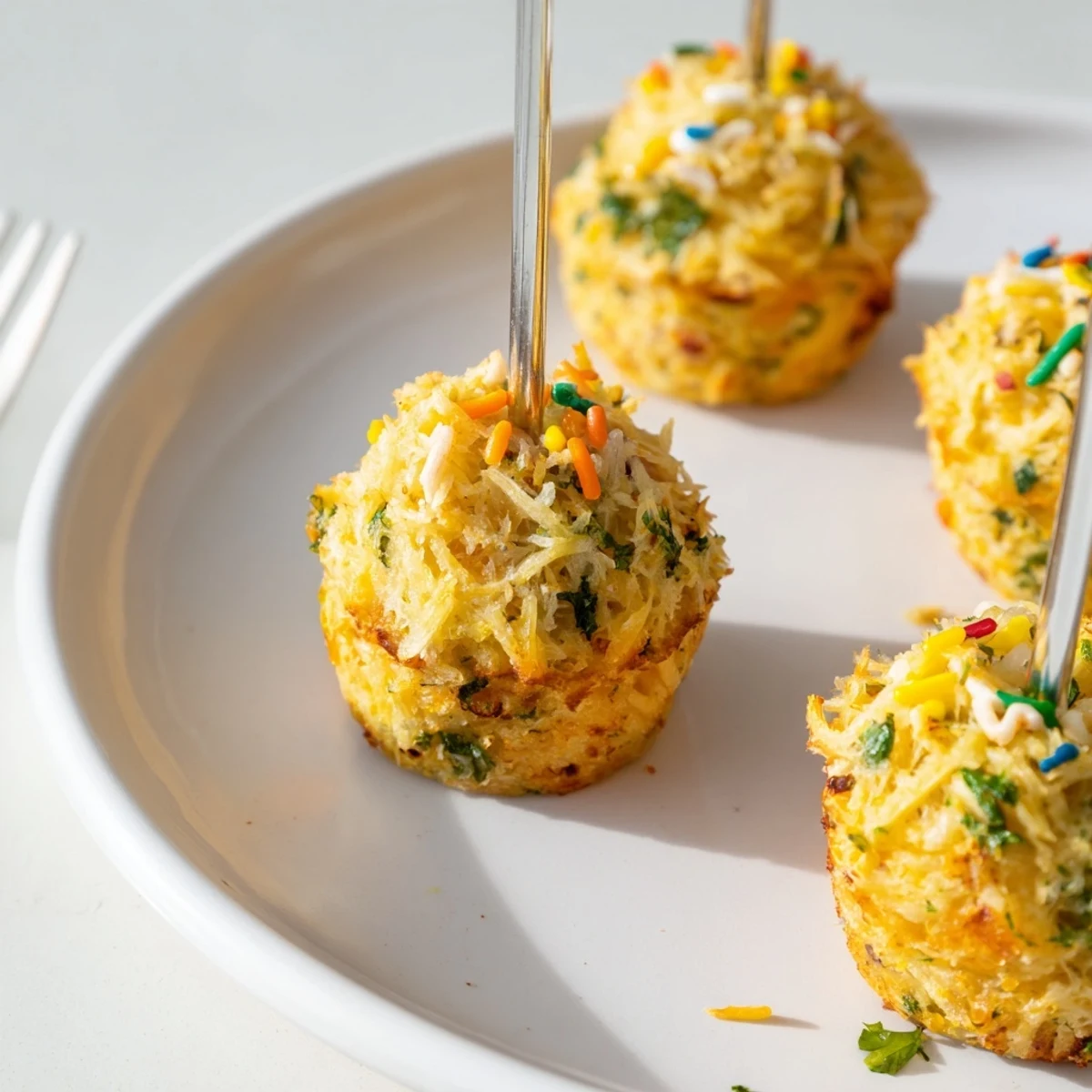 Deliciously spicy Chili Garlic Funfetti Muffin Pops served on lollipop sticks for easy enjoyment.