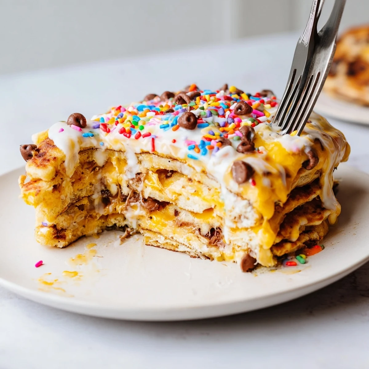 Fluffy pancake bars bursting with rainbow sprinkles and gooey cheddar cheese delightfully.  