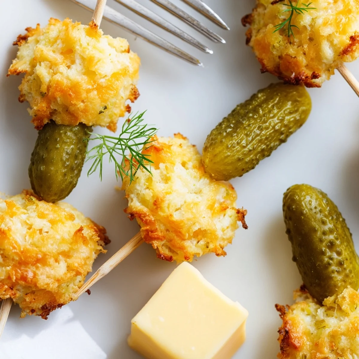 Savory Dill Pickle Cheddar Muffin Skewers with melted cheese and fresh dill pickles.  