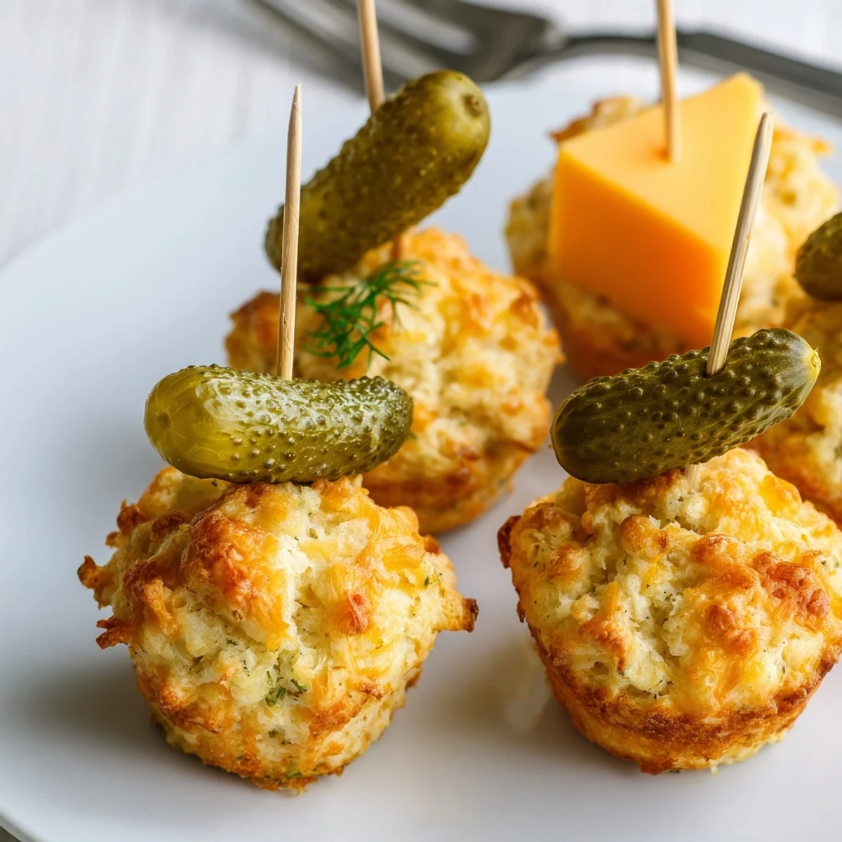 Deliciously baked Dill Pickle Cheddar Muffin Skewers, perfect for party appetizers.