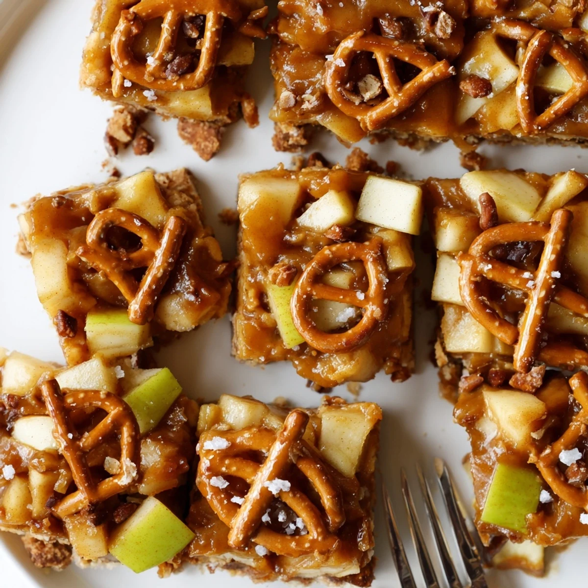 Decadent caramel apple spicy pretzel biscuit bars topped with crunchy pretzels and sea salt.