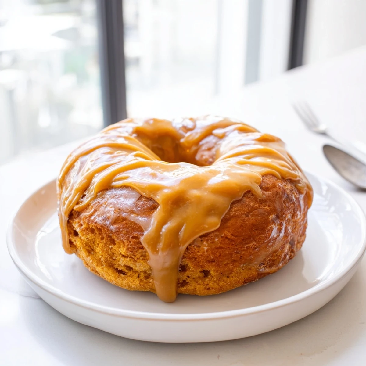 Delicious baked donut showcasing chai spices, coffee flavor, and a glossy caramel topping.