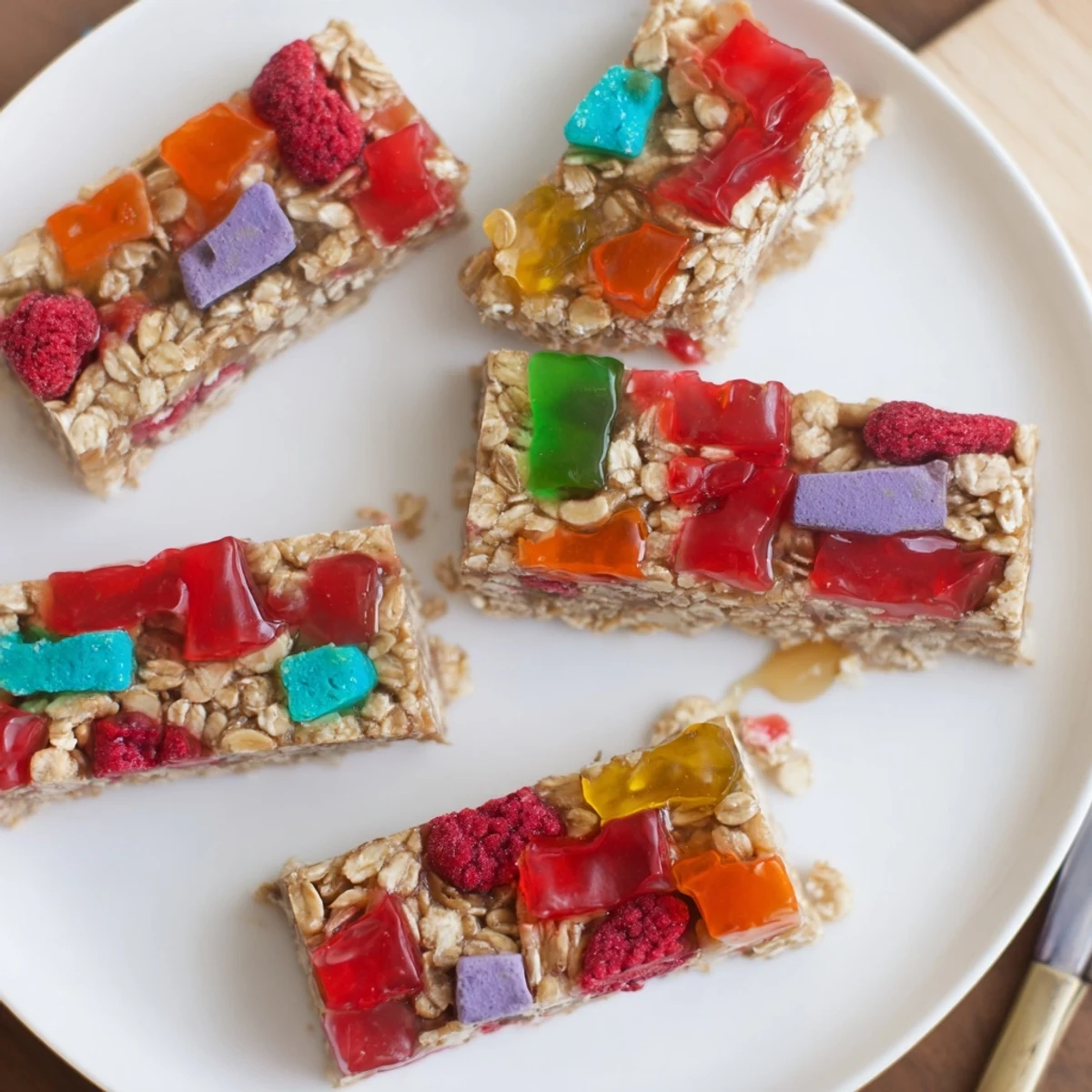 Colorful freeze-dried candy mash-up on delightful homemade gummies and oats.  