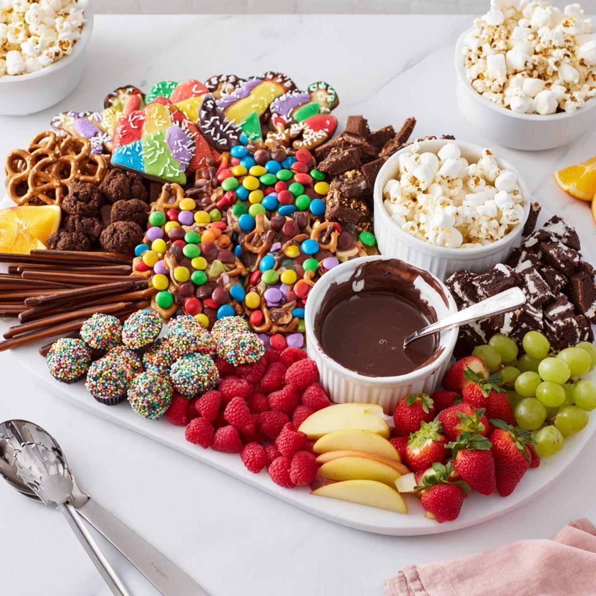 Colorful dessert boards with themed snacks for festive gatherings and celebrations.  