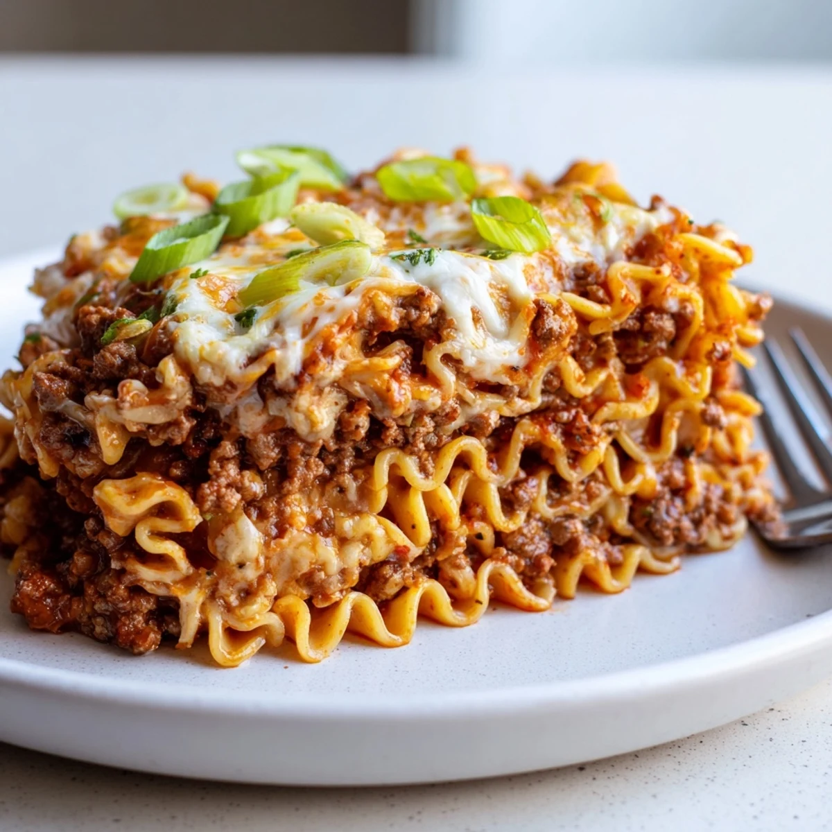 A savory slice of spicy ramen lasagna, bursting with flavor and textures.  