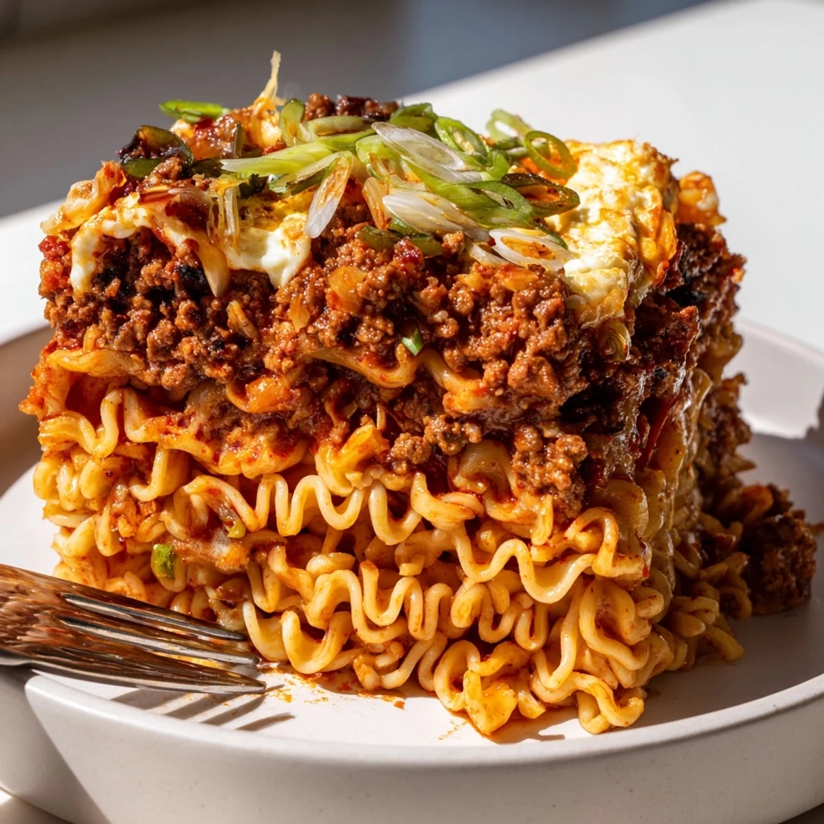 Layers of spicy ramen lasagna showcasing vibrant cheese, meat sauce, and herbs.  