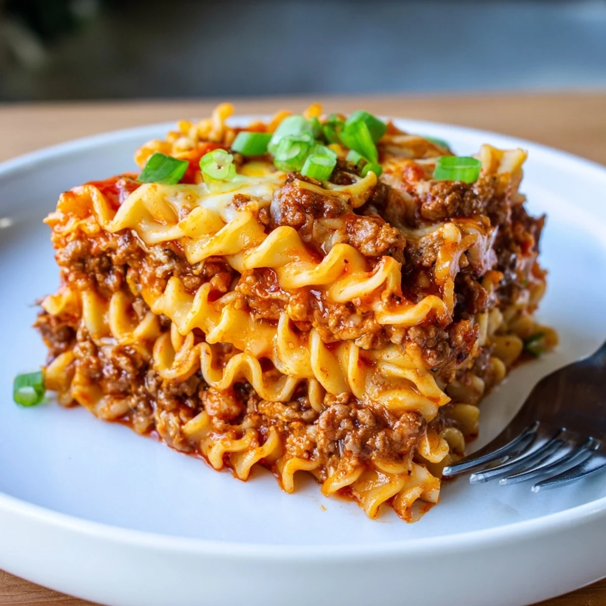 Comforting spicy ramen lasagna, featuring tender noodles and rich ground pork sauce.