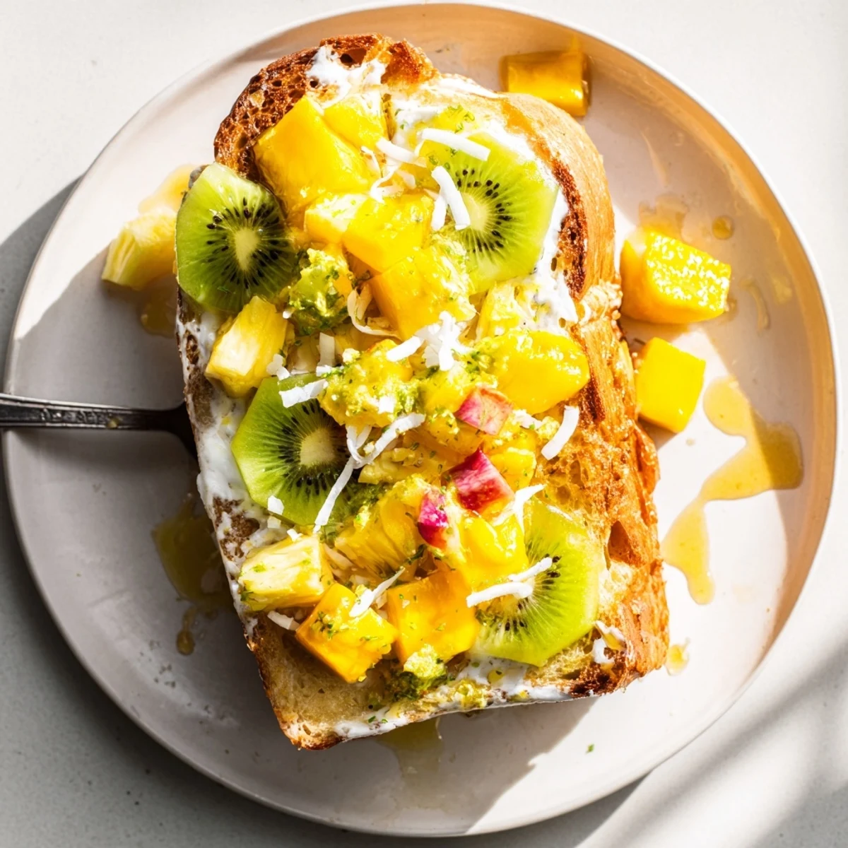 Decadent yogurt-custard toast garnished with pineapple and coconut for a refreshing morning bite.