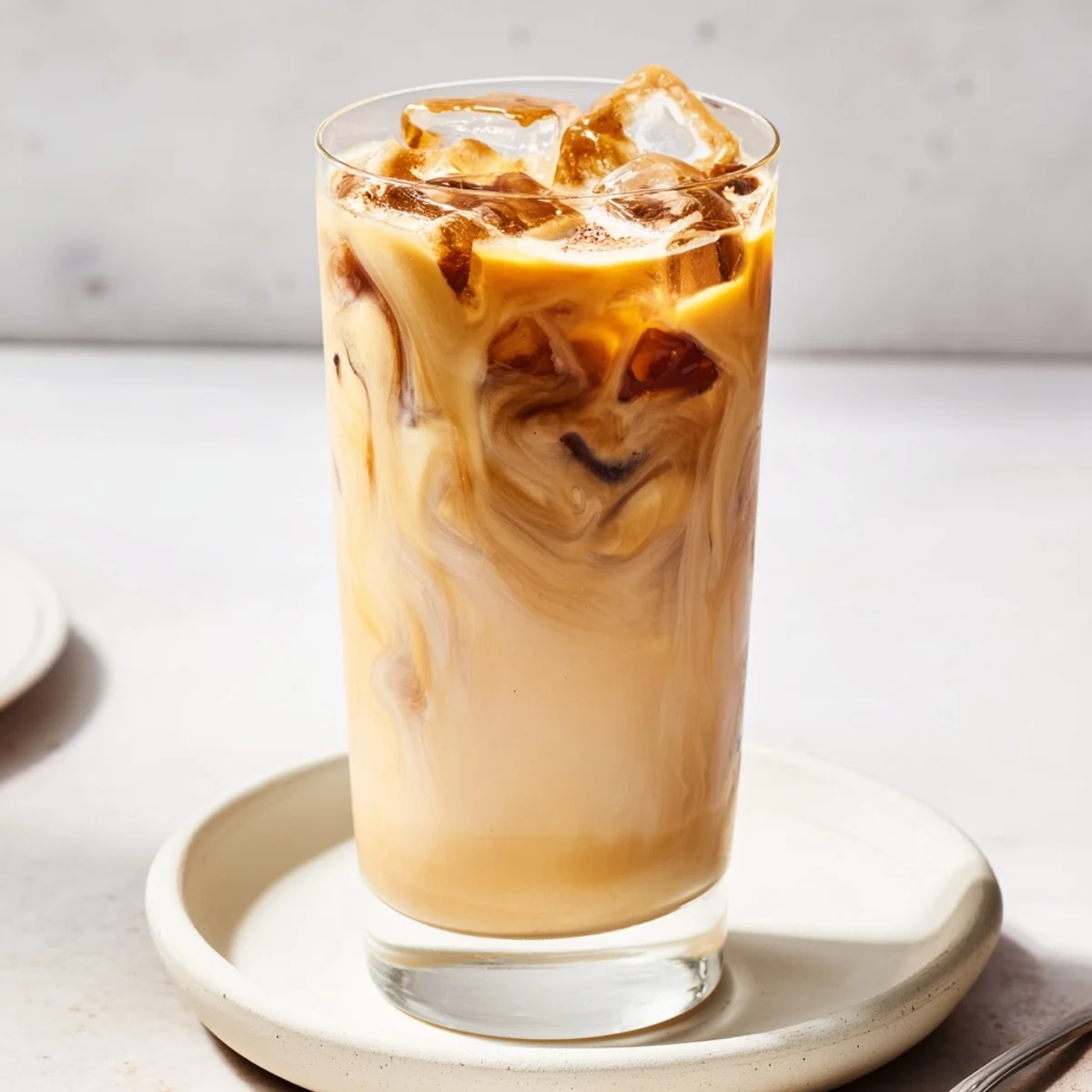 Smooth tahini iced coffee topped with plant milk, perfect for warm days.  