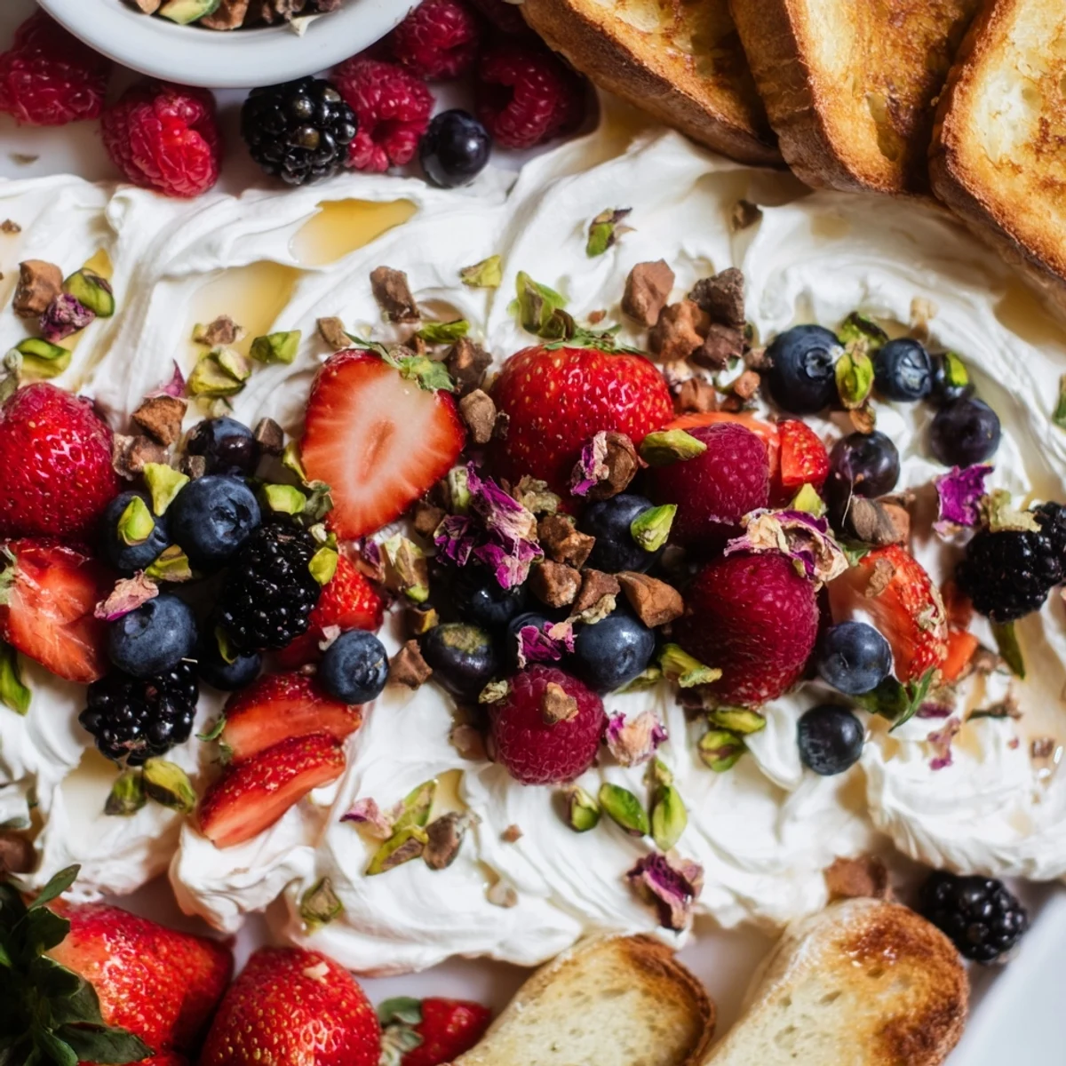 Decadent dessert butter board spread with creamy cheese, fresh berries, and mint.