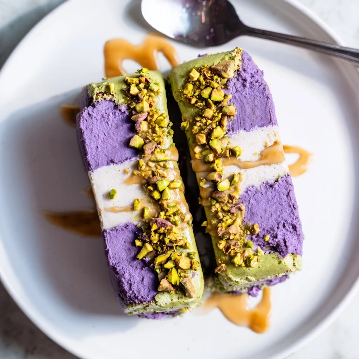 Creamy ube and nutty pistachio ice cream bars drizzled with condensed milk.