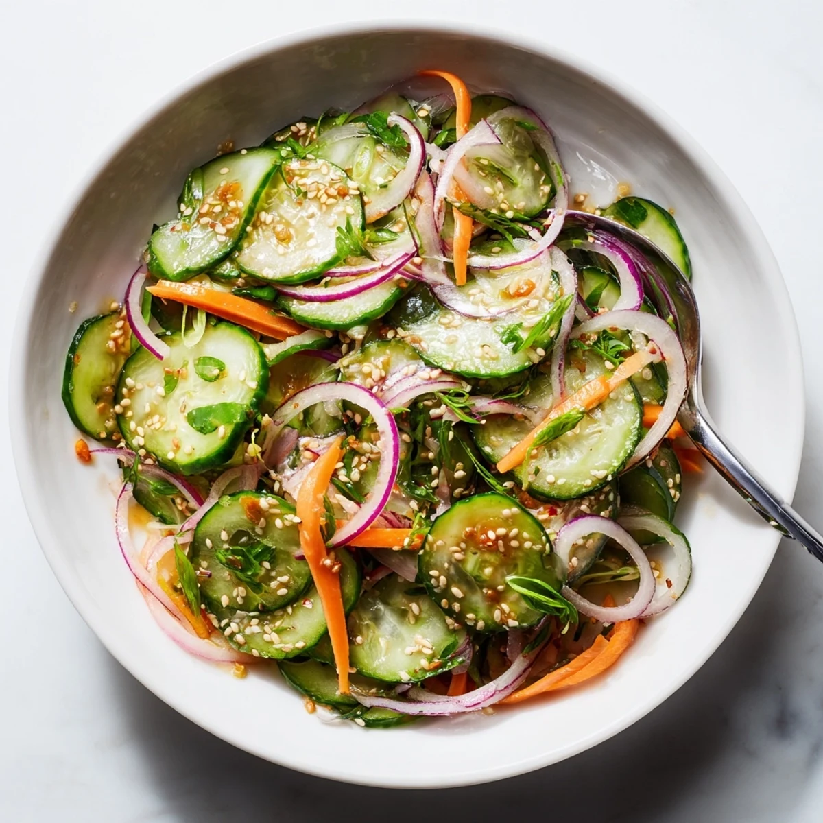 Fresh cucumber salad remix with vibrant veggies, drizzled in tangy sesame dressing.  