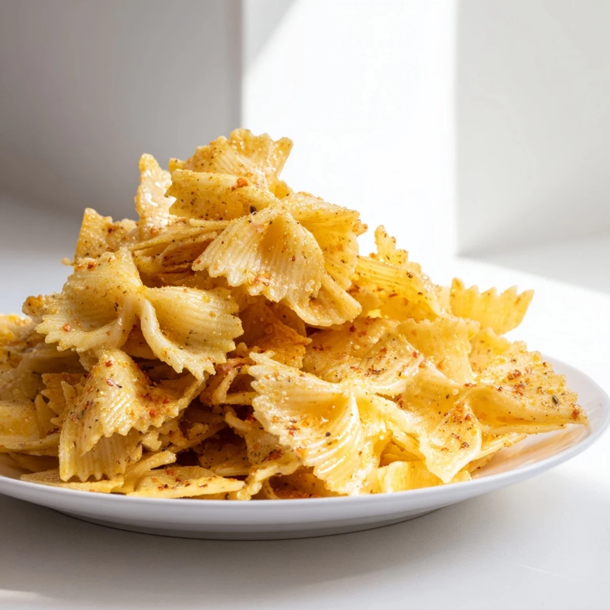 Crispy Pasta Chips seasoned with garlic and smoked paprika, perfect for dipping.  