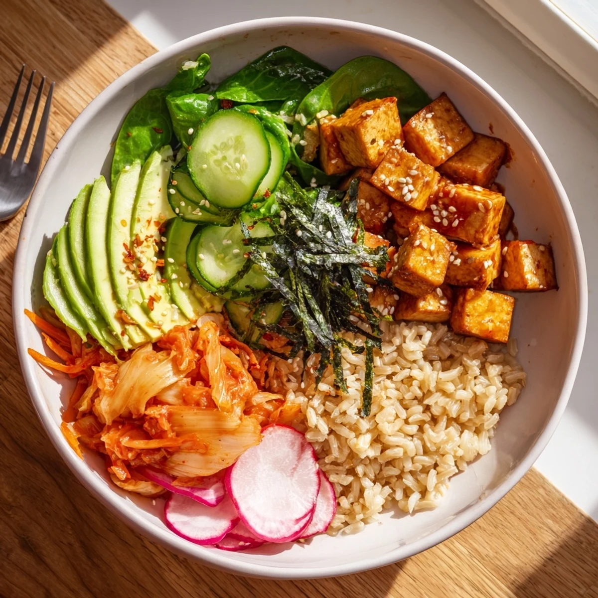 A vibrant Fermented Vegetable Bowl topped with tangy kimchi and fresh veggies.  
