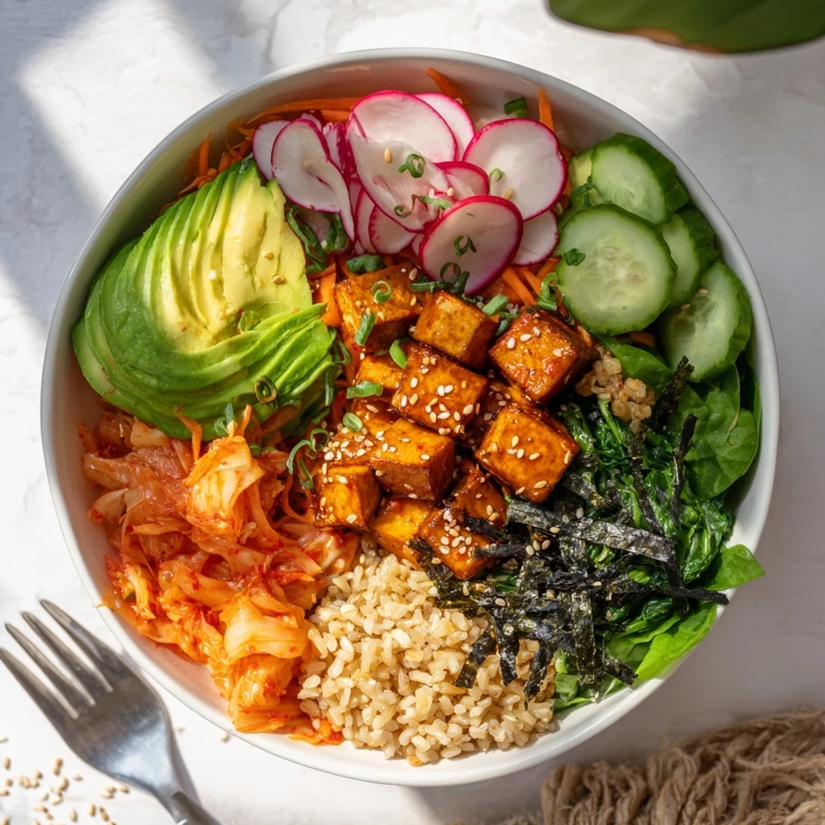 Delicious Fermented Vegetable Bowl drizzled with sesame dressing, loaded with fresh greens.