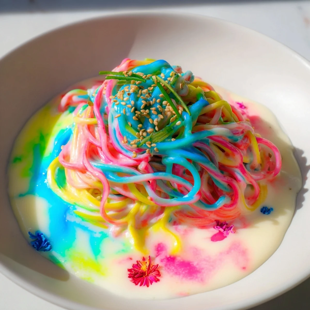 Vibrant Neon Noodle Cloud dish swirls in creamy sauce, perfect for colorful gatherings.  