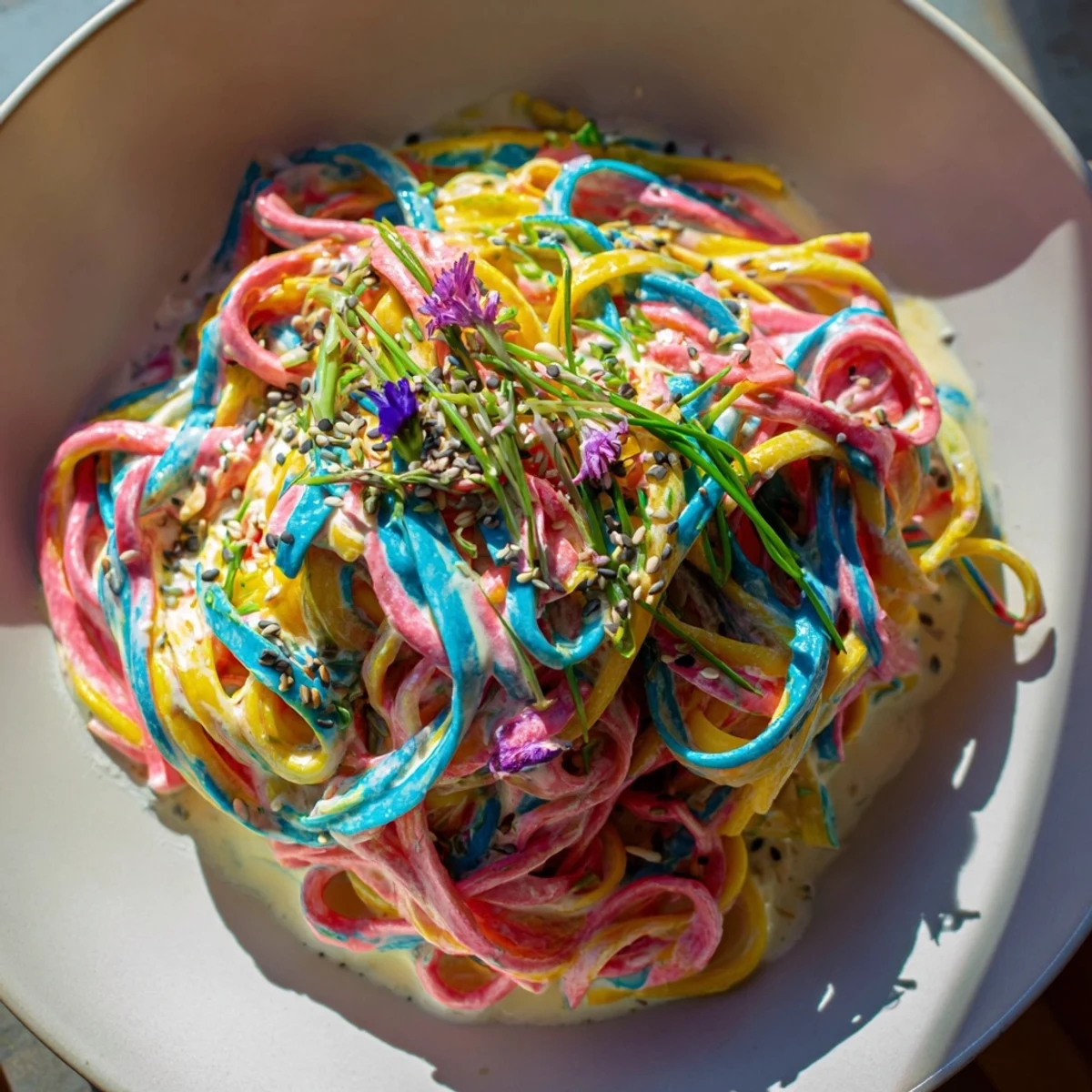 Delightful Neon Noodle Cloud topped with edible flowers is a feast for the eyes.  