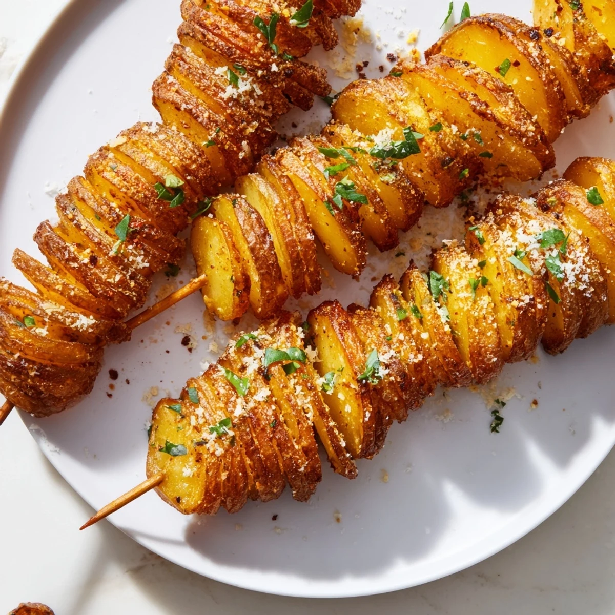 Golden, seasoned air-fryer tornado potatoes on skewers, perfect for any gathering.  