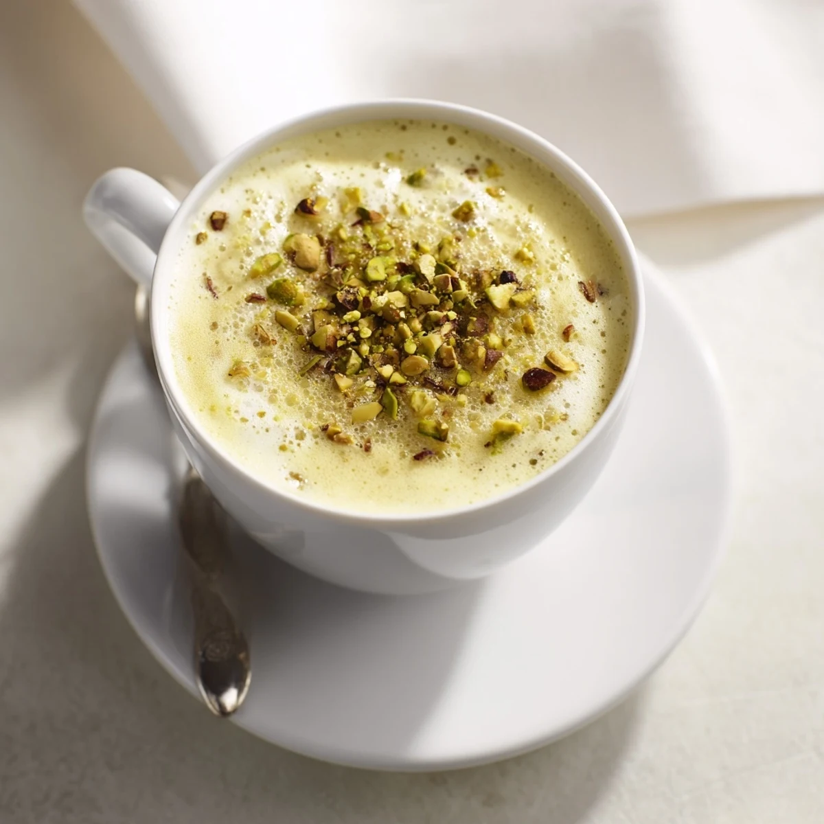 Creamy pistachio milk latte topped with crushed nuts for a delightful coffee experience.  