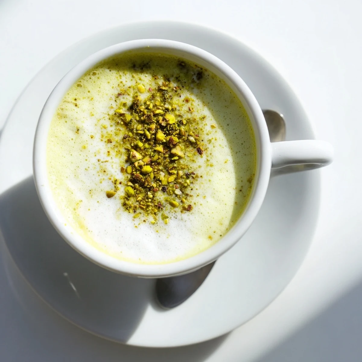 Indulge in a warm pistachio milk latte, garnished with nutty crushed pistachios for flavor.