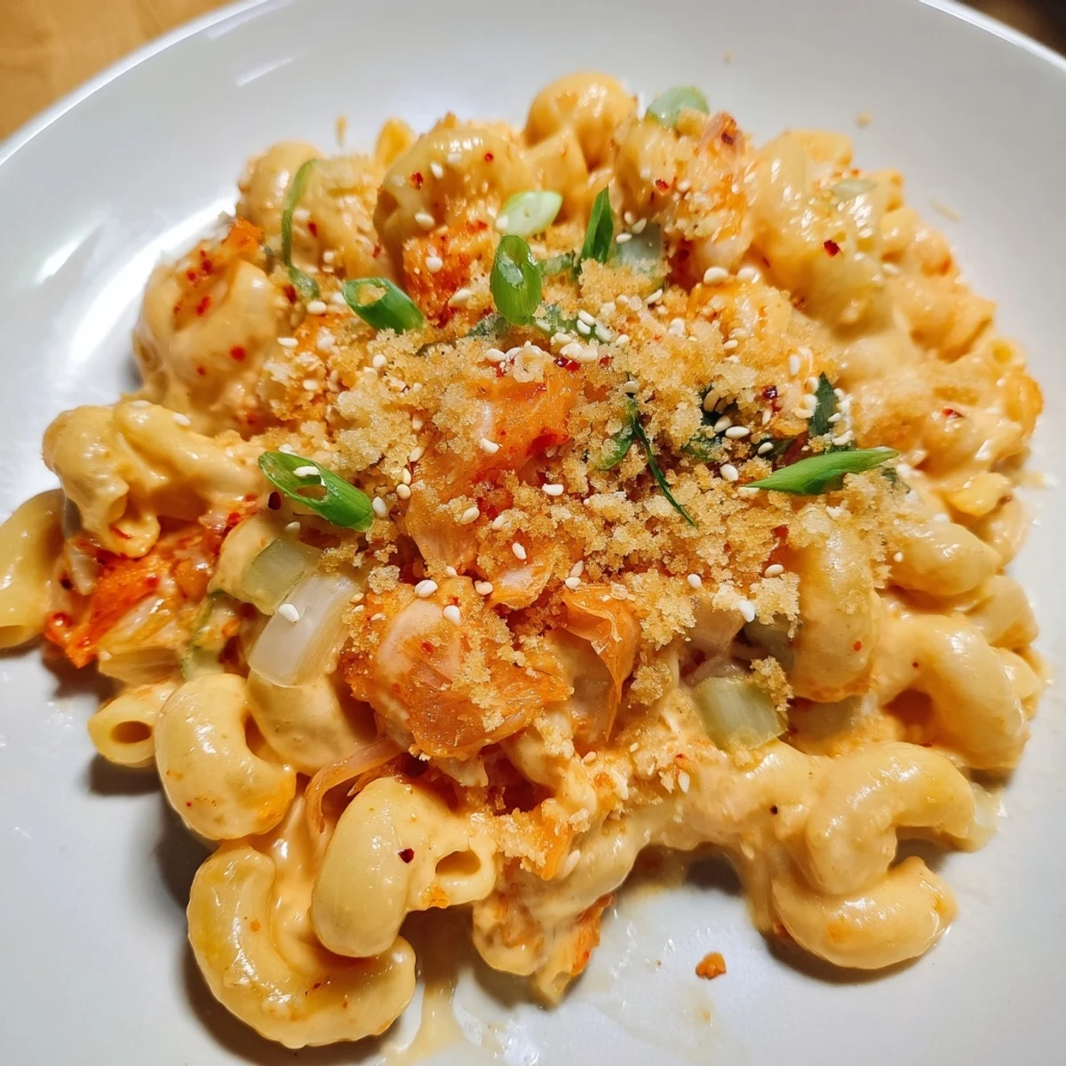 Creamy Spicy Kimchi Mac & Cheese with melty cheese and crunchy sesame topping.  