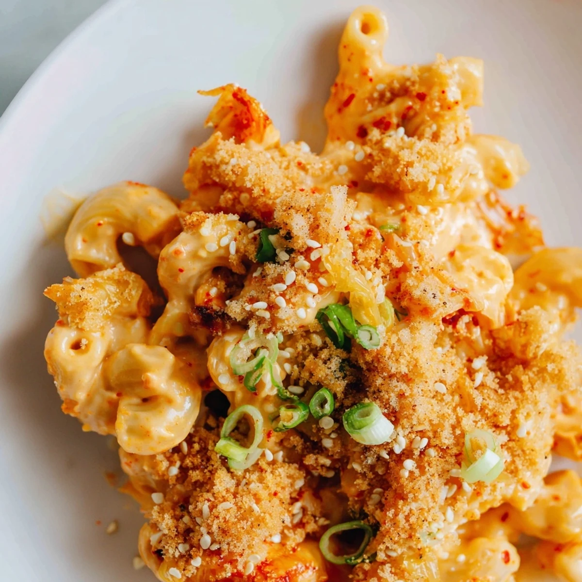 Savory Spicy Kimchi Mac & Cheese, featuring tangy kimchi and loaded with flavors.