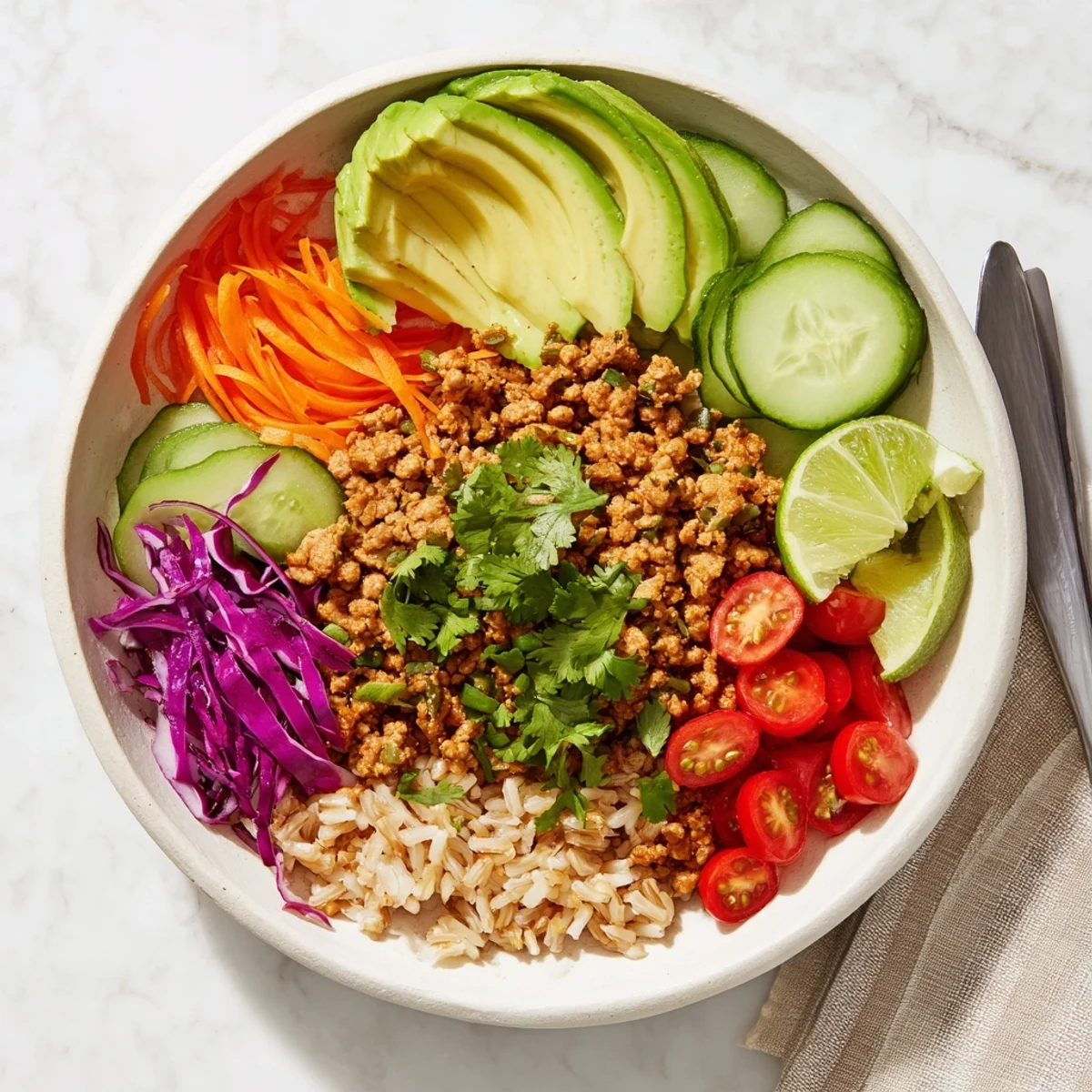Vibrant Plant-Based Meat Bowl with fresh veggies and spicy vegan mayo drizzle.  