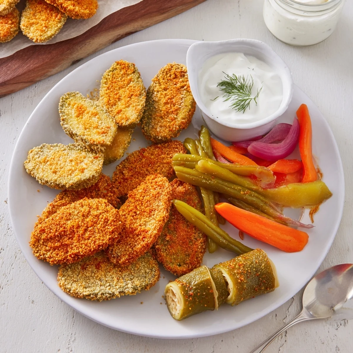 Crispy fried pickles piled high, perfect for any pickle lovers meal gathering.  