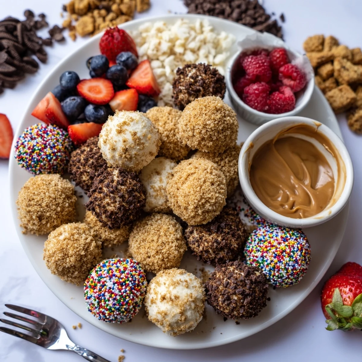 Interactive dessert board with cheesecake bites, colorful toppings, and delightful serving options.