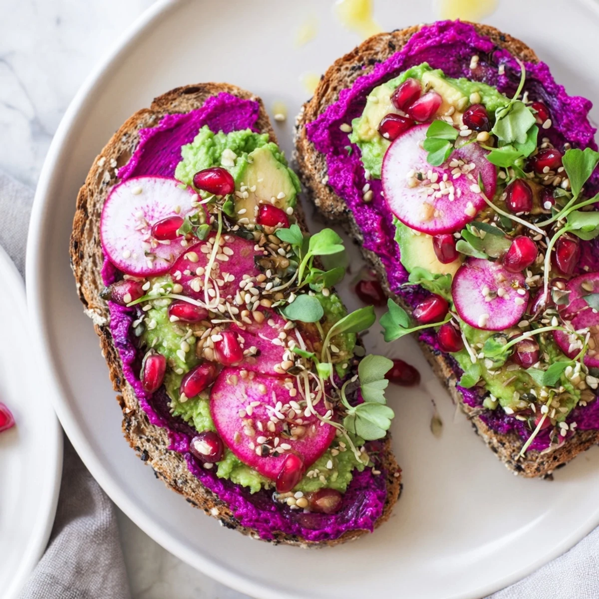 Vibrant Bright & Bold Breakfast Toasts topped with ube and avocado for a fresh start.  