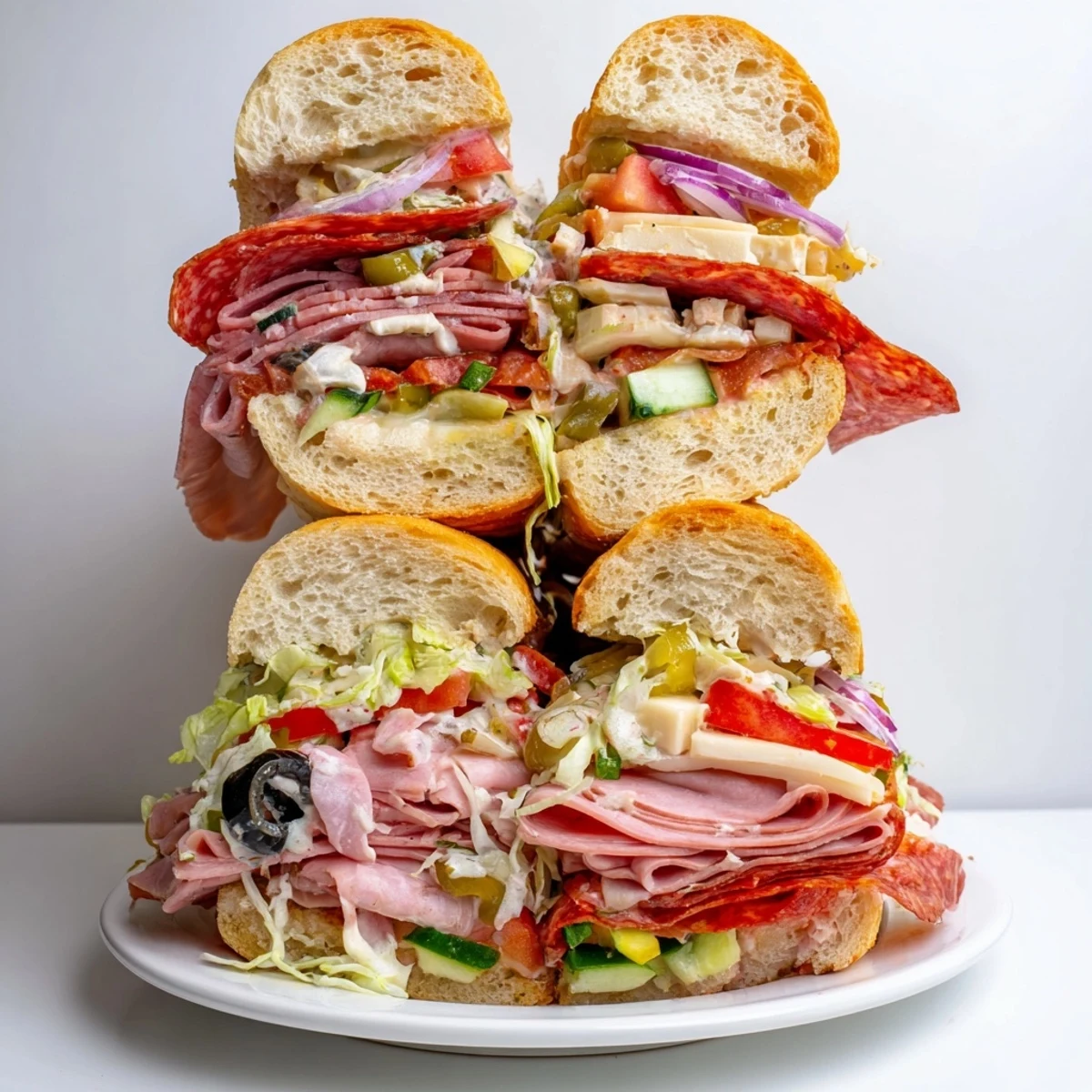 Vibrant Flavor Mash-Up Sandwiches with layers of meats and fresh veggies ready to enjoy.  