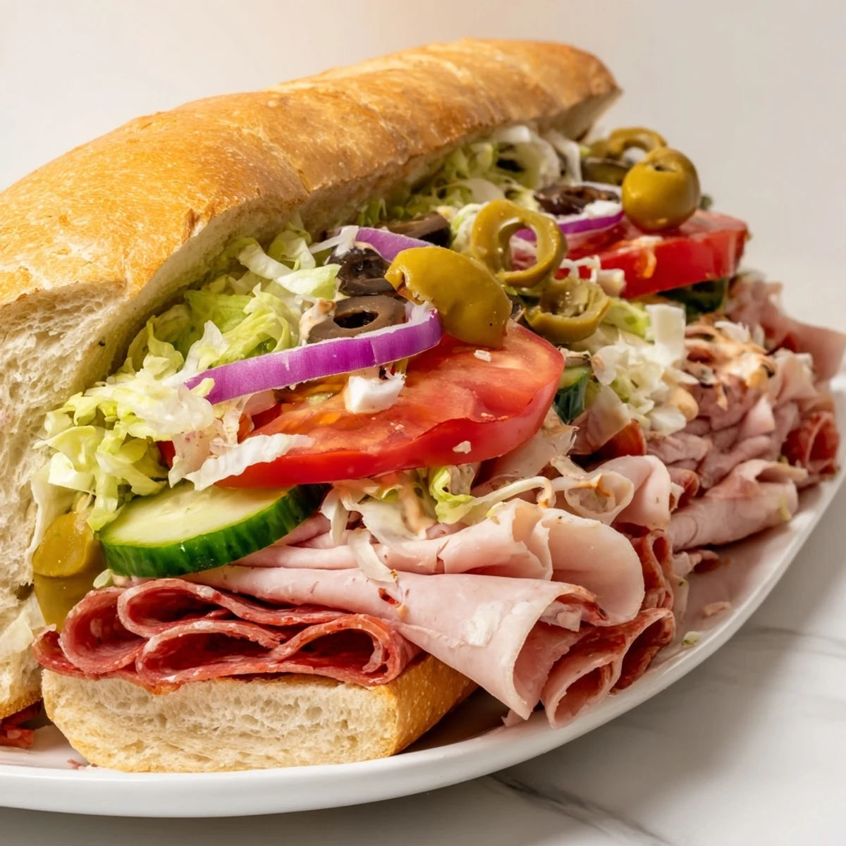 Delicious Flavor Mash-Up Sandwiches showcasing Italian meats and colorful vegetables piled high.  