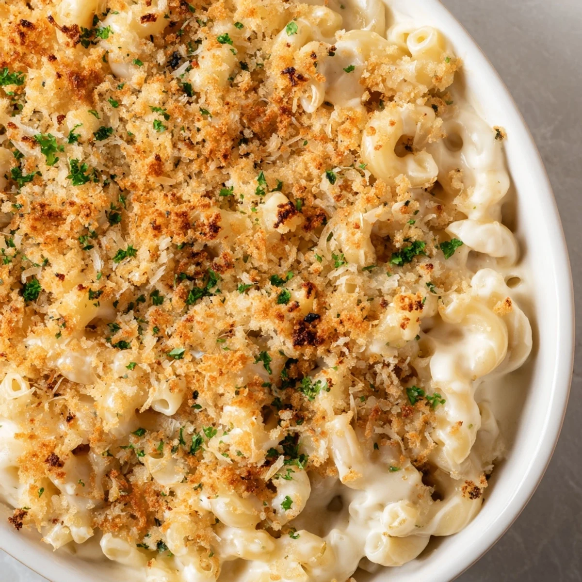 Creamy truffle macaroni and cheese in a bubbling baking dish, garnished with fresh parsley.  