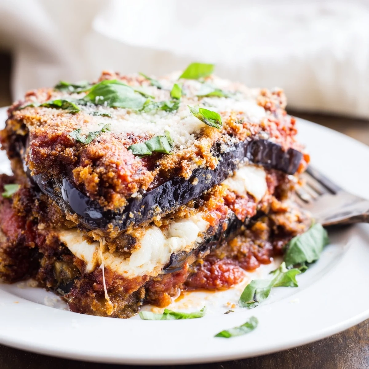 Golden Eggplant Parmesan Lasagna with creamy ricotta, fresh basil, and bubbling mozzarella.  