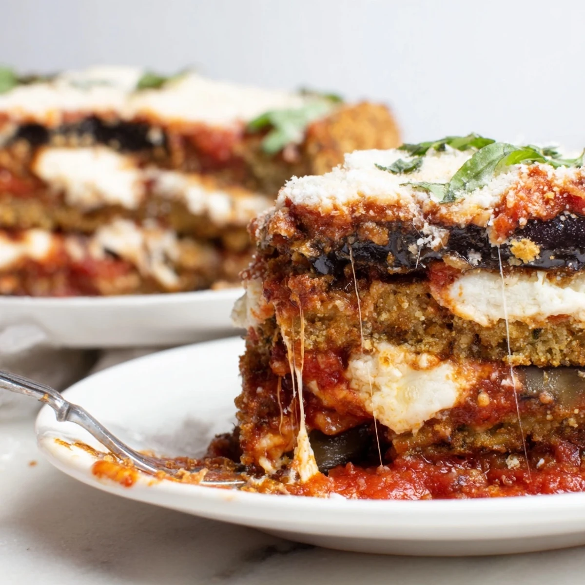 Hearty slices of Eggplant Parmesan Lasagna dripping with rich tomato sauce and melted cheese.  