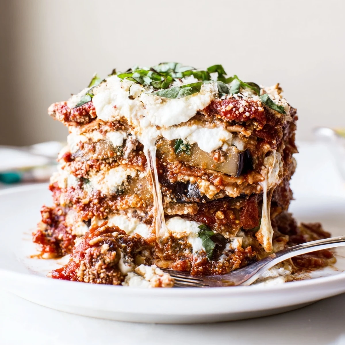 Savor the comforting layers of Eggplant Parmesan Lasagna topped with a golden Parmesan crust.